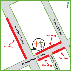 Map of parking locations at Des Copy+Print Ultimo