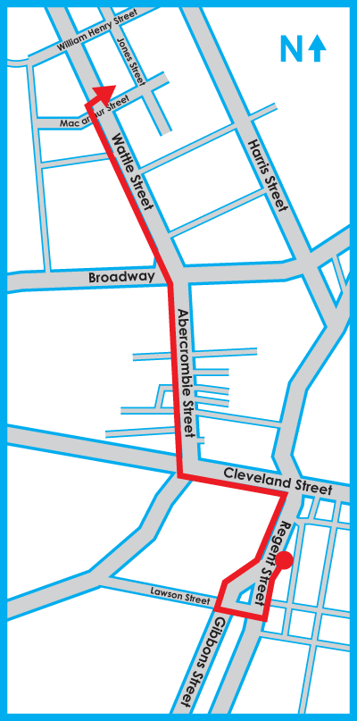Map of route from Copiworld Redfern to Des Copy+Print Ultimo